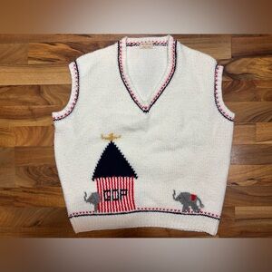 Vintage Hand Knit GOP Elephant Sweater Vest Women’s L Patriotic Red White Blue